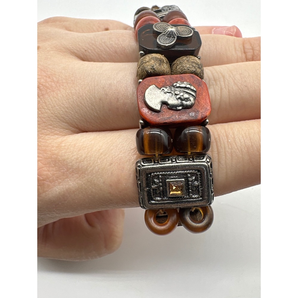 Bohemian Mixed Media Stretch Bracelet Silver Cameo Wood Resin Beads Brown Orange - Picture 1 of 7